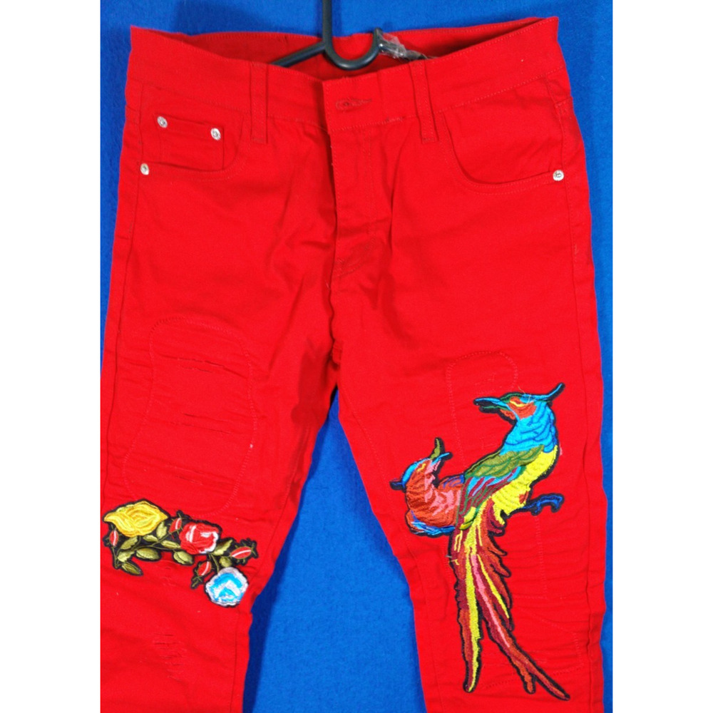 Bie Pa Paris Red Denim Jeans Women's Size 33 Embroidered Phoenix Floral Slim - Picture 2 of 15
